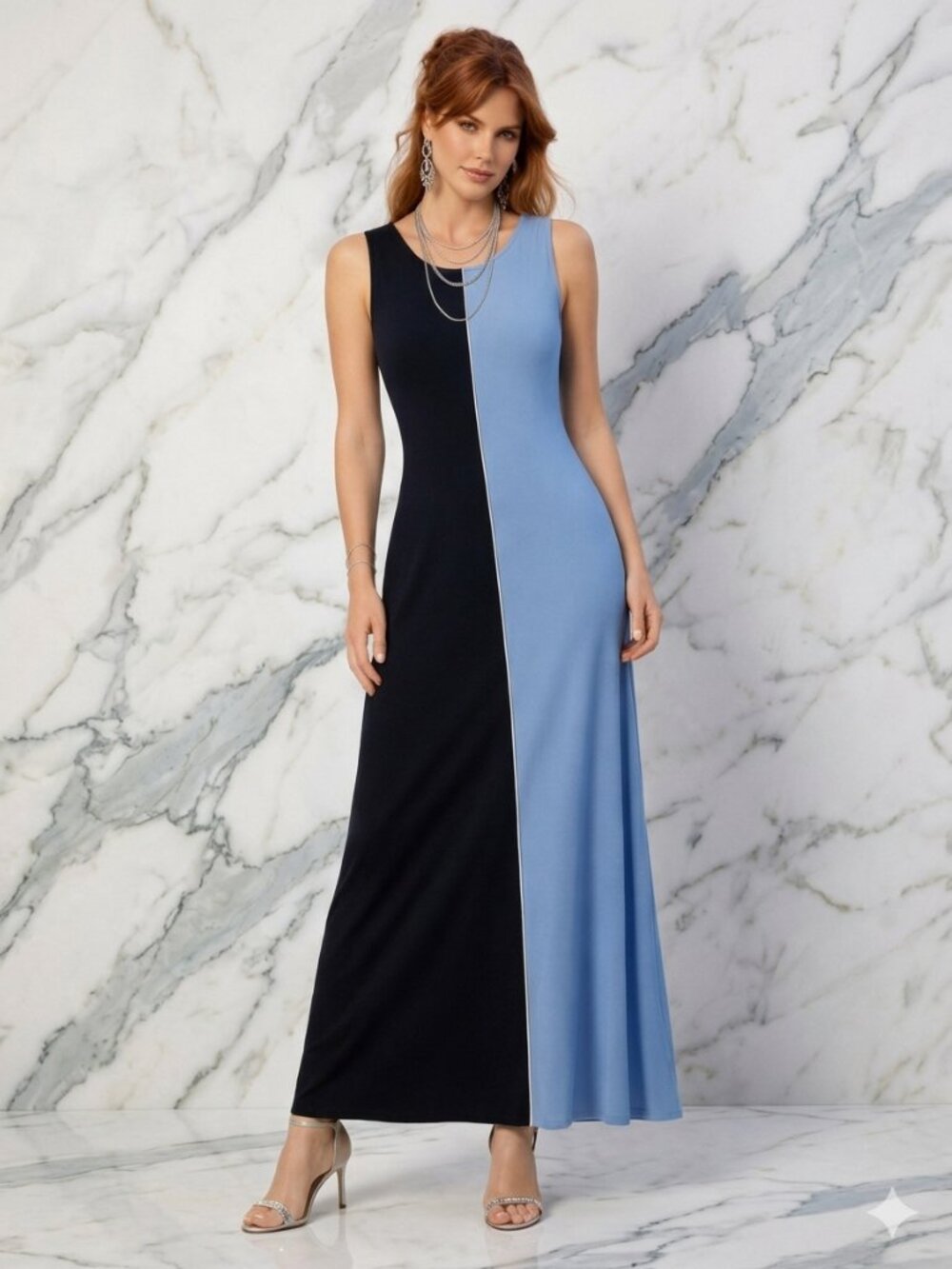 Karen Kane Colorblock Maxi Dress Navy Blue Sleeveless Size L Elegant Flow NEW - Picture 12 of 12